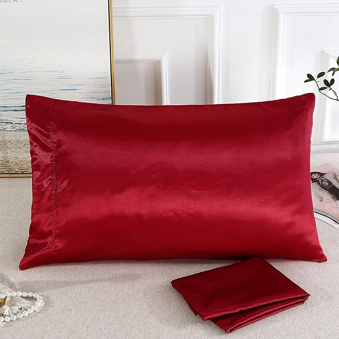 Satin Silk Pillowcase for Hair and Skin, Black Pillow Cases Standard Size Set of 4 Pack Super Soft Pillow Case with Zipper Closure (Burgundy, Queen(4 Pack))