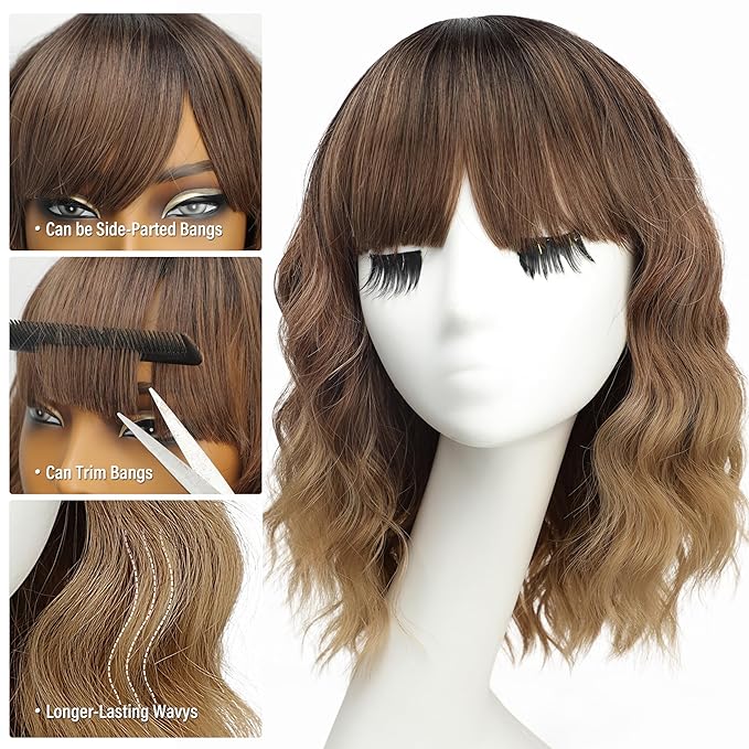 Nnzes Short Wavy Bob Wig with Bangs for Women Shoulder Length Curly Ombre Brown Blonde Synthetic Heat-Resistant Fiber Hair for Daily & Party Use