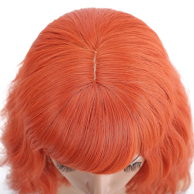 FAELBATY Short orange Wigs With Air Bangs Colorful wig Shoulder Length Women's Short Wig Curly Wavy Synthetic Cosplay Wig Orange Bob Wig for Girl Costume Wigs Orange Color 12"