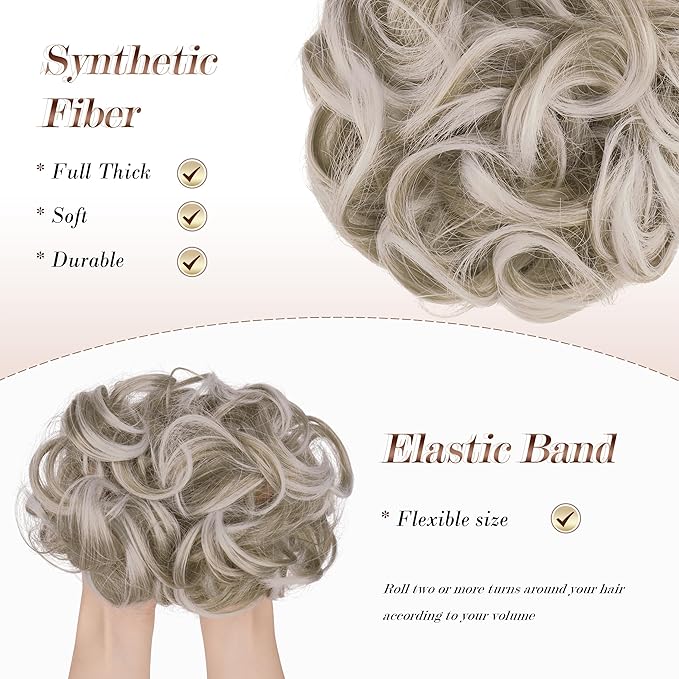 FESHFEN Messy Bun Hair Piece - Large Elastic Wavy Curly Hair Bun Scrunchies Ponytail Extensions Synthetic Chignon Hairpieces for Women, Silver Blonde 1.94oz