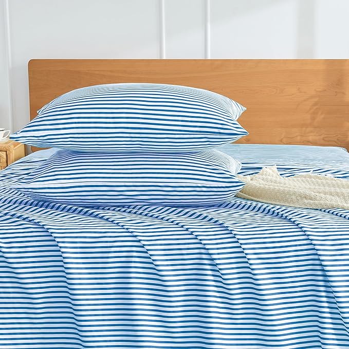 JELLYMONI 100% Natural Cotton Striped Standard Pillowcases Set, 2 Pack White and Blue Stripes Pattern Printed Pillow Covers with Envelope Closure(Pillows are not Included)