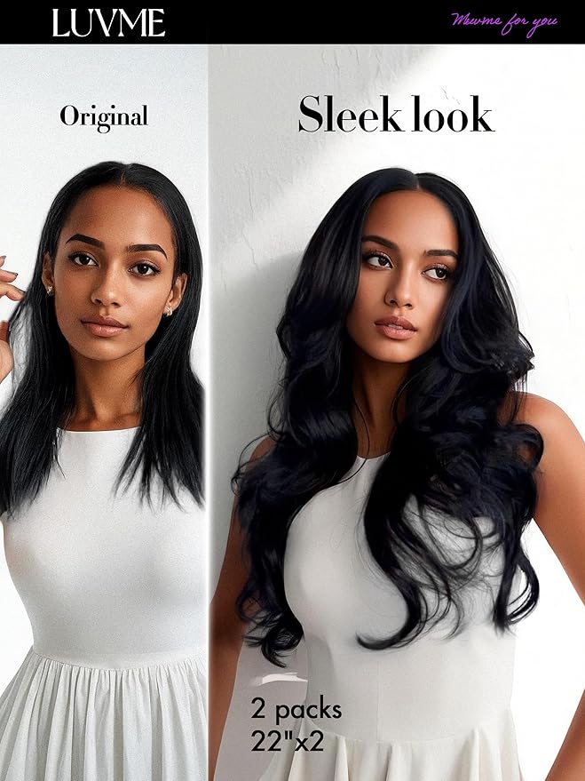 LUVME Body Wave Seamless 110g 7Pcs Clip in Hair Extensions Full Max with 16inch Remy Human Hair Extensions, Natural Black 100% Real Soft Hair
