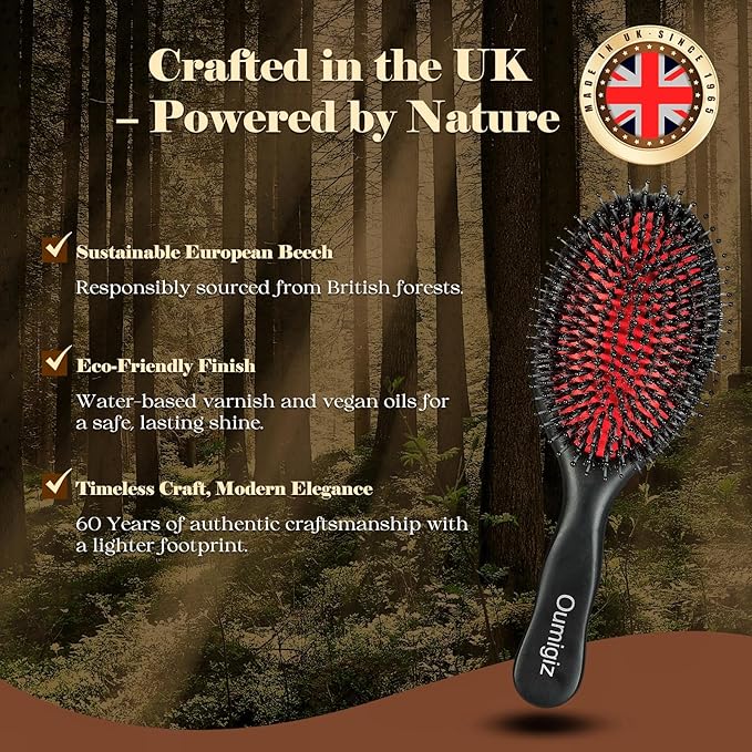 Boar Bristle Hair Brush Since 1965 British Craftsmanship, Handmade Natural Wood Slick Back Hairbrush, Soft Bristles Gentle Detangling Smoothing Women Men Kids Long Curly Thick,Thin, Fine Hair
