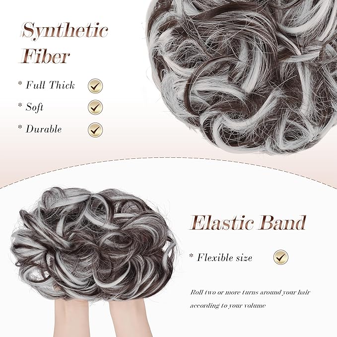 FESHFEN Messy Bun Hair Piece - Large Elastic Wavy Curly Hair Bun Scrunchies Ponytail Extensions Synthetic Chignon Hairpieces for Women, Brown Gray Mix 1.94oz
