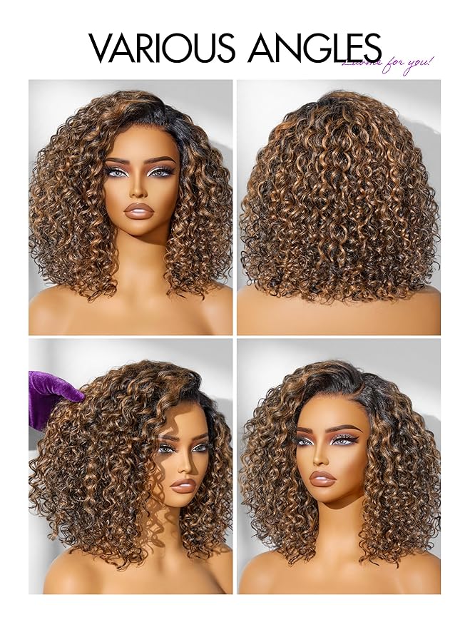 LUVME HAIR 100% Human Hair Wigs Curly Deep Wave Glueless Lace Front 14 Inches Pre Cut Plucked Hd Lace Short Wig Ready To Go Highlight Color Straight Bleached Knots Side Part Black Wigs