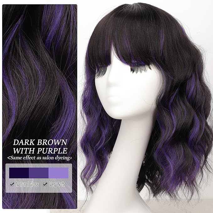 Nnzes Short Wavy Bob Wig with Bangs for Women Shoulder Length Curly Dark Brown with Purple Synthetic Heat-Resistant Fiber Hair for Daily & Party Use
