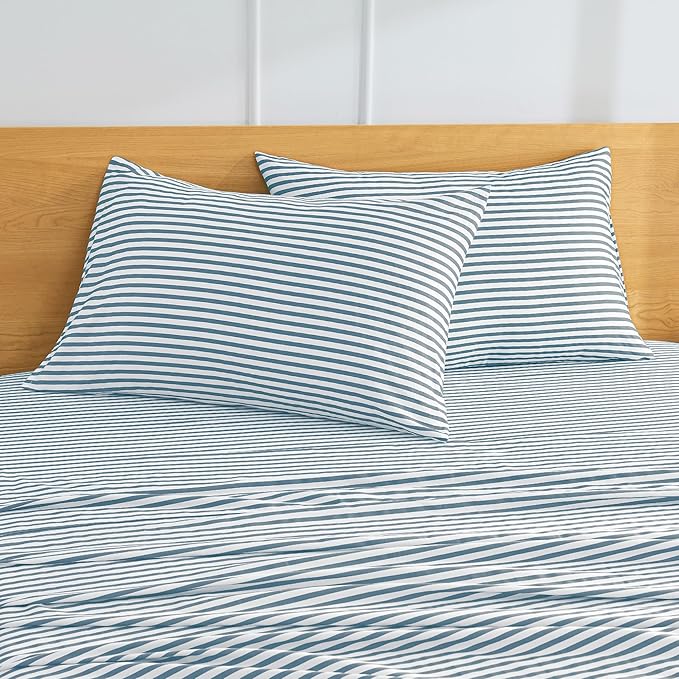 JELLYMONI 100% Natural Cotton Striped King Pillowcases Set, 2 Pack White and Grayish Blue Stripes Pattern Printed Pillow Covers with Envelope Closure(Pillows are not Included)