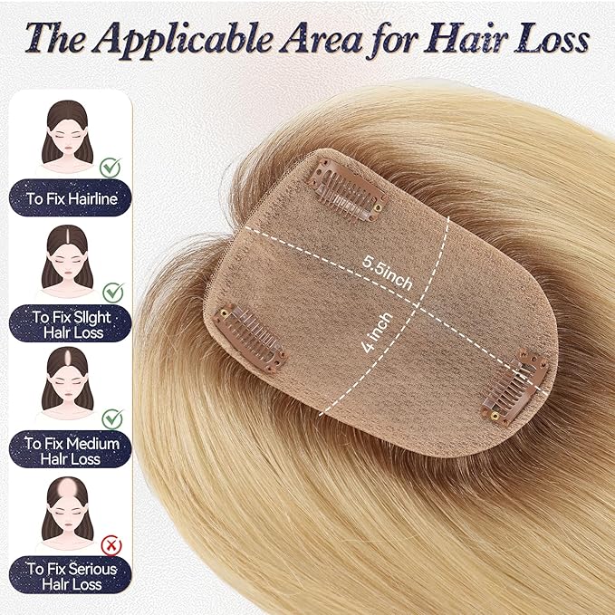 starluck Human Hair Toppers for Women Real Human Hair No Bangs 4 * 5.5 inch Base 12 inch SilkHug Topper for Women with Thinning Hair Cover Grey Roots(Ombre Light Blonde)