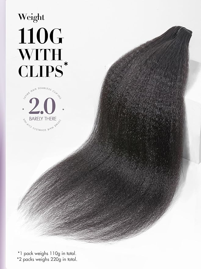 LUVME Invisible Clip in Hair Extensions, Kinky Straight Real Human Hair Remy Hair Clip ins for Women, Natural Human Hair, 18 inch 110g 7Pcs, Natural Black