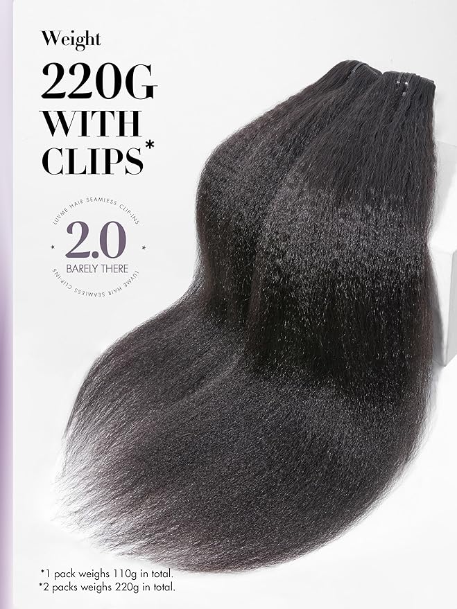 LUVME Invisible Clip in Hair Extensions, Kinky Straight Real Human Hair 14 Inch 2 Pack 220g 14pcs Clip ins Hair Extensions Natural Black for Women