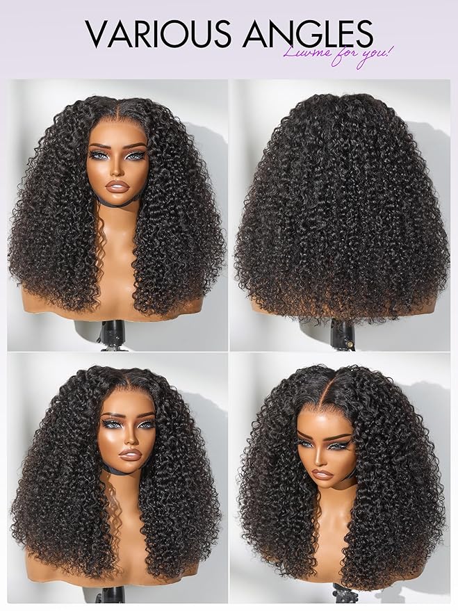 LUVME HAIR 5X5 Kinky Curly 200% Human Hair Wigs Glueless Lace Front 20 Inches Pre Cut Plucked Hd Lace Wig Ready To Go Natural Color Flexi-Fit Drawstring Cap Bleached Knots Black Wigs