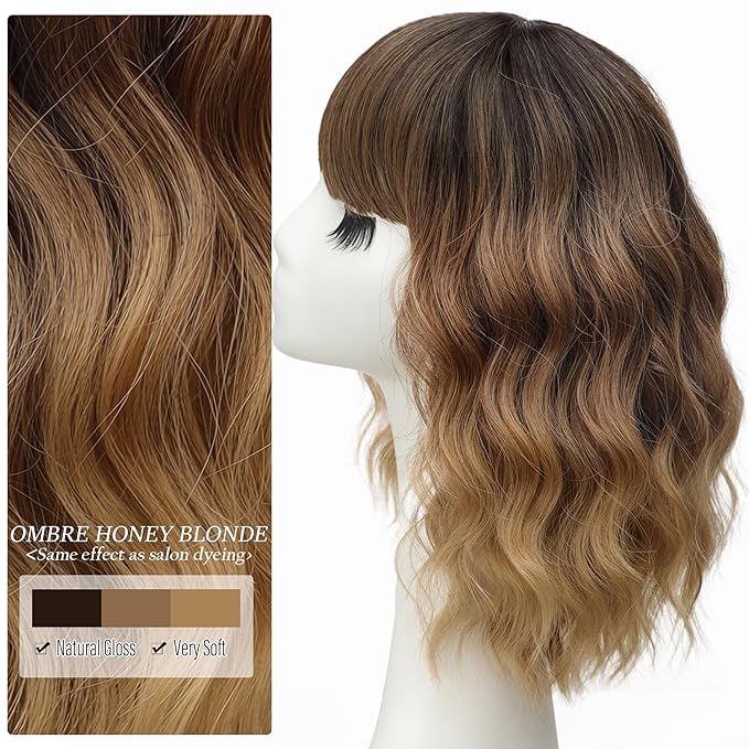 Nnzes Short Wavy Bob Wig with Bangs for Women Shoulder Length Curly Ombre Brown Blonde Synthetic Heat-Resistant Fiber Hair for Daily & Party Use