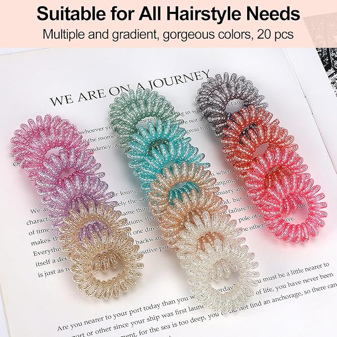 JessLab Spiral Hair Ties, 20 Pcs Traceless Phone Cord Hair Ties No Crease Spiral Bracelet Plastic Coil Ponytail Holders No-Damage Headband Hair Accessory for Girls Women Ladies Gift (Steel Beaded)