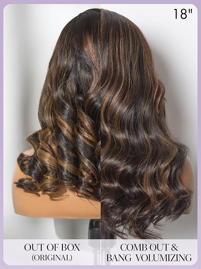 LUVME HAIR 100% Human Hair Wigs Loose Wave Glueless Lace Front 18 Inches, Pre Cut Plucked Hd Lace Short Wig Ready To Go Highlight Color Straight Bleached Knots Side Part Wigs