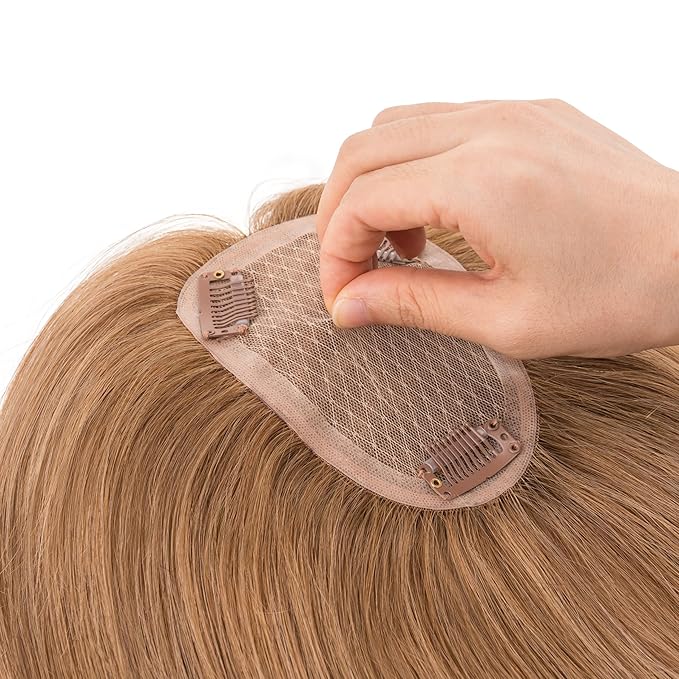 Hairro Human Hair Toppers Free Parted, 3.5x4.7" Base Hand-wovened 100% Real Hairpieces, with Invisible Clips-in for Women, for High Hairline/Adding Volume on Top, 16 Inch Blondish Brown