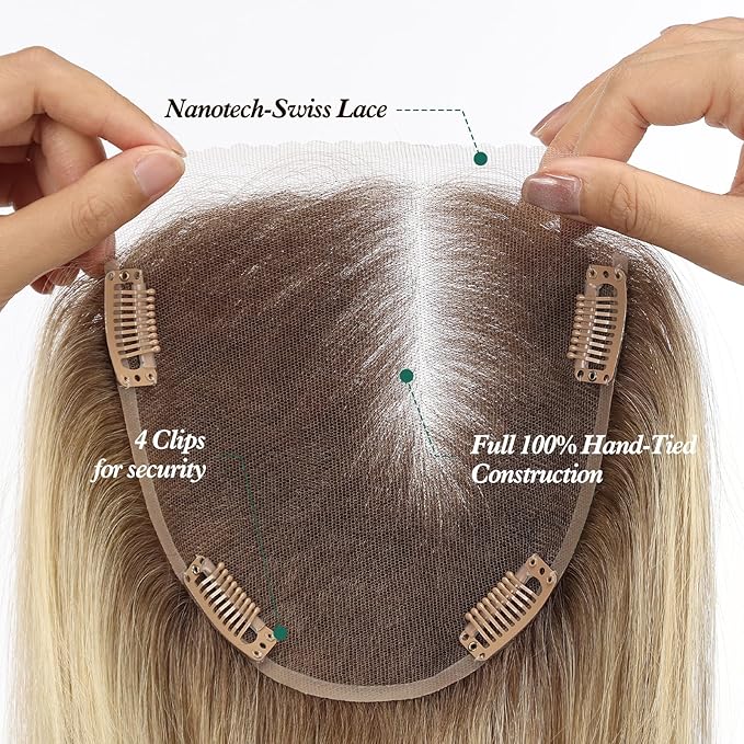 Full Hand Tied Hair Toppers for Women Remy Human Hair Lace Front Topper 14 Inch 6"×6" Partial wig Cover Thinning Hair or Loss No Bangs Top Hair Pieces (Blonde Mixed)