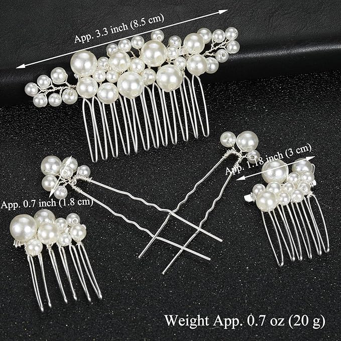 Pearl Hair Combs and Hair Pins for Bridal Women, Decorative Hair Accessories for Wedding Prom, Set of 5 (Silver)