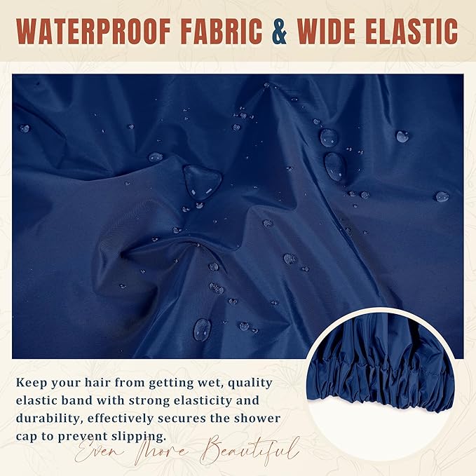 Reusable Shower Cap for Women, Stylish Large Waterproof Shower Bonnet Washable Wide Elastic Band Hair Cap for Long Hair, Braids Bath Hat(Navy)
