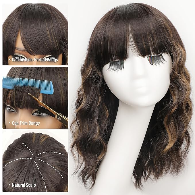 Nnzes Wig with Bangs for Women Shoulder Length Bob Wavy Women's Charming Synthetic Brown mixed Blonde Highlight Wigs with Natural Curly Heat Resistant Hair for Daily Party Use