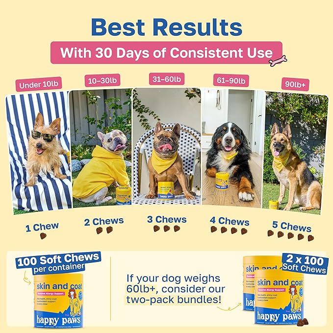 Happy Paws Skin and Coat Supplement for Dogs, Shedding & Dog Hair Growth Support for All Breeds & Ages, Made with Coconut Oil & Vitamin B12, Vegan Chicken Flavor, Organic, Non GMO, (100 Chews)