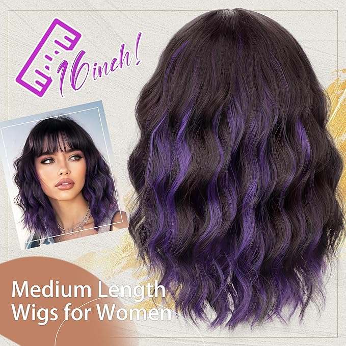 Nnzes Short Wavy Bob Wig with Bangs for Women Shoulder Length Curly Dark Brown with Purple Synthetic Heat-Resistant Fiber Hair for Daily & Party Use