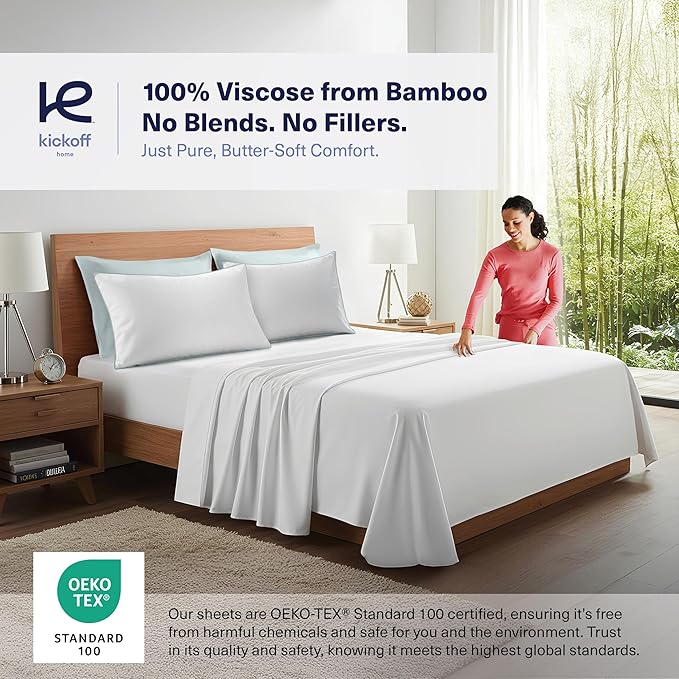 Kickoff Viscose Bamboo Pillowcase, Queen, Set of 2, 100% Organic Hidden Zippered Viscose Bamboo Pillow Case Queen Size, Cooling Pillow Cover for Hot Sleepers (20"x30", Trimmed, Coastal Blue)
