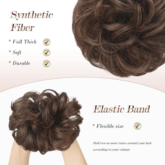 FESHFEN Messy Bun Hair Piece - Large Elastic Wavy Curly Hair Bun Scrunchies Ponytail Extensions Synthetic Chignon Hairpieces for Women, Brunette Brown 1.94oz