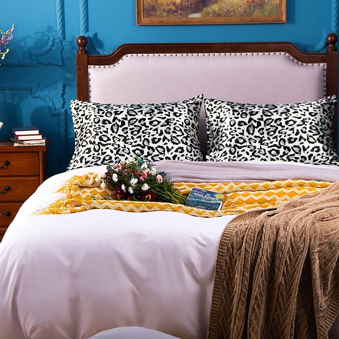 NTBAY 2 Pack Satin Standard Pillowcases for Hair and Skin, Luxurious and Silky Leopard Printed Pillow Cases with Envelope Closure, 20x26 Inches, Black and White