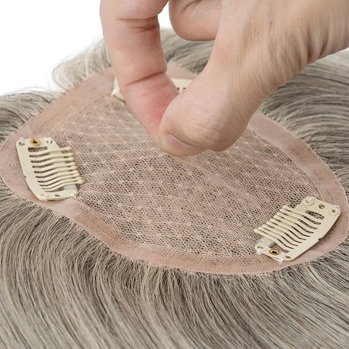 Hairro Human Hair Toppers Free Parted, 3.5x4.7" Base Hand-wovened 100% Real Hairpieces, with Invisible Clips-in for Women, for High Hairline/Adding Volume on Top, 10 Inch Blondish Grey Mix Silver
