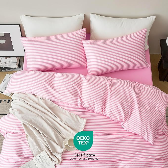 JELLYMONI 100% Natural Cotton Striped Standard Pillowcases Set, 2 Pack Pink Striped Pattern Printed Pillow Covers with Envelope Closure(Pillows are not Included)
