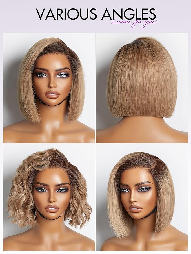 LUVME HAIR 12 Inch Ash Blonde Blunt Cut Bob Wig Human Hair Pre Cut Glueless HD Lace Closure Wig Mature Boss Side Parted Ombre Straight Short Wig