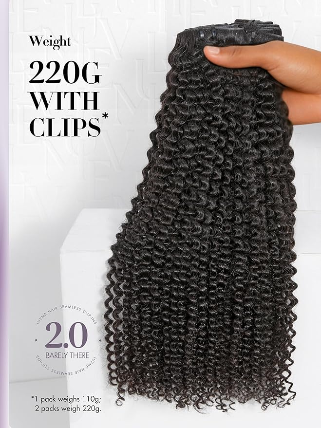 LUVME Invisible Clip ins Hair Extensions Deep Kinky Curly Real Human Hair Remy Hair Clip ins for Women, Natural Human Hair,24 inch 2 Pack 220g 12Pcs, Natural Black