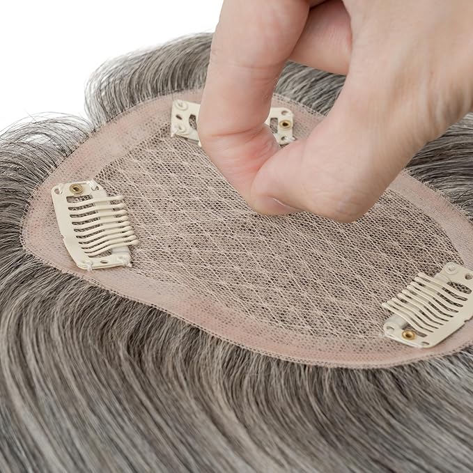 Hairro Human Hair Toppers Free Parted, 3.5x4.7" Base Hand-wovened 100% Real Hairpieces, with Invisible Clips-in for Women, for High Hairline/Adding Volume on Top, 10 Inch Dark Grey Mix Silver