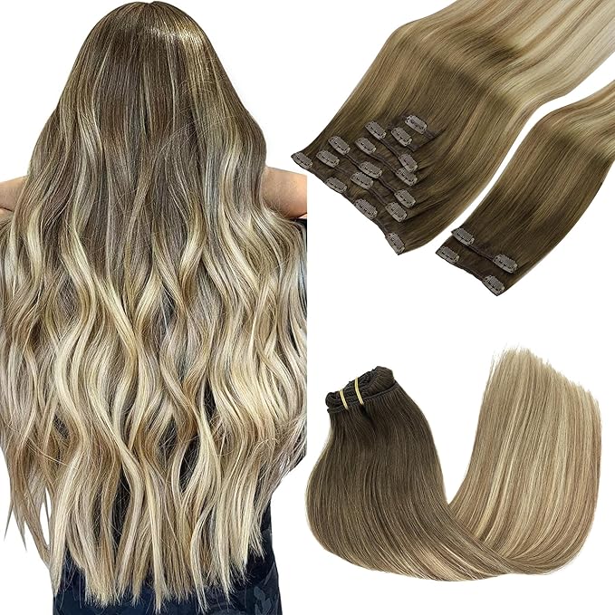 GOO GOO Clip in Hair Extensions Real Human Hair, Remy Human Hair Extensions Clip ins for Women, Natural Human Hair, 20inch 150g 9Pcs, 3/8/613 Balayage Walnut Brown to Ash Brown and Bleach Blonde