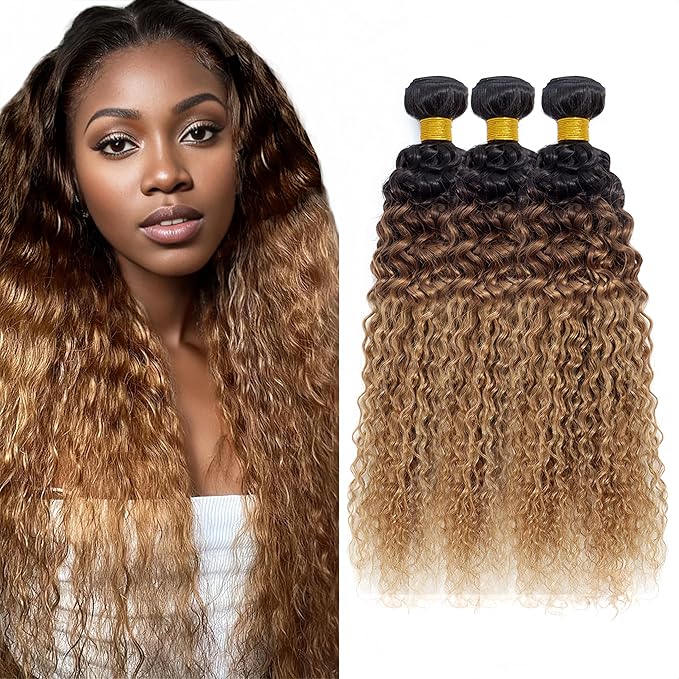 Ombre Bundles Human Hair Blonde Water Wave Bundle Brazilian Virgin Remy Hair 3 Bundles 14 16 18 Inch Niegmeag Double Weft 3 Tone Brown and Honey Blonde Wet and Wavy Bundle 300g