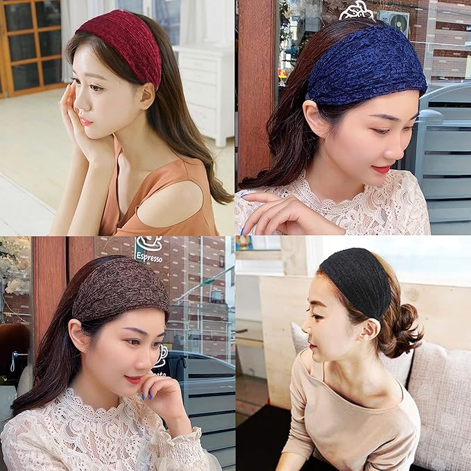 DORIS&JACKY Fashion 2.5 Inch Wide Lace Headbands Elastic Hairbands With Teeth Headwear Accessories For Women And Girls… (Wide Lace-5PCS)