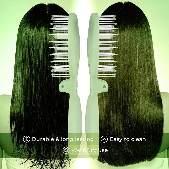 Mini Detangler Travel Hair Brush with Mirror, Makaron Hair Brushes for Women, Men and Kids, Unique 3D Flexible Design for All Hair Types, Styling Accessory, Travel Essentials for Women (GREEN)