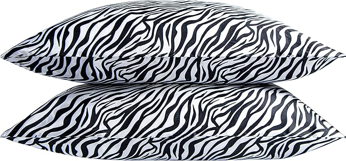 NTBAY 2 Pack Satin Standard Pillowcases for Hair and Skin, Luxurious and Silky Zebra Printed Pillow Cases with Envelope Closure, 20x26 Inches, Black and White