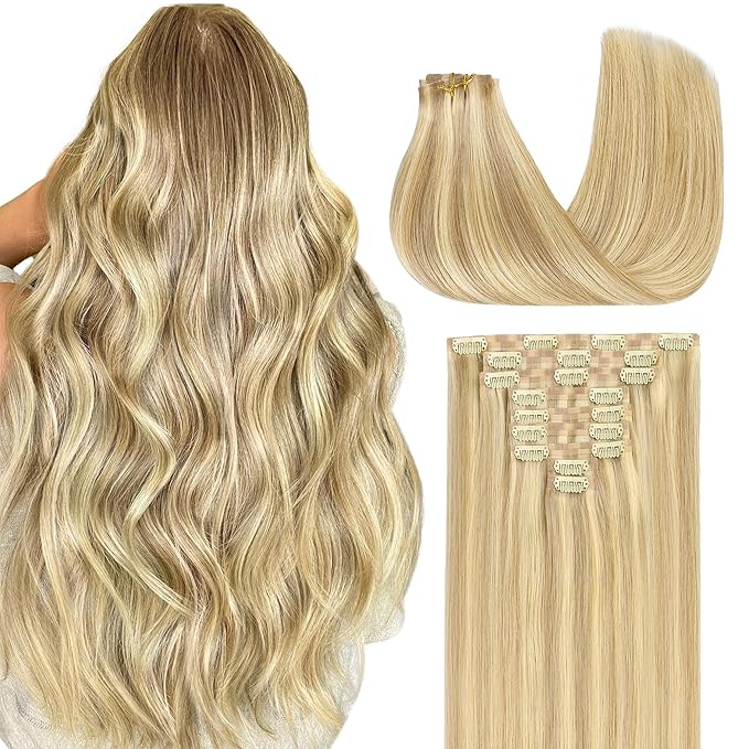 GOO GOO Clip in Hair Extensions Real Human Hair, Remy Human Hair Extensions Clip ins for Women, Natural Human Hair, 14inch 130g 9Pcs, 18D/22F Dirty Blonde Highlights