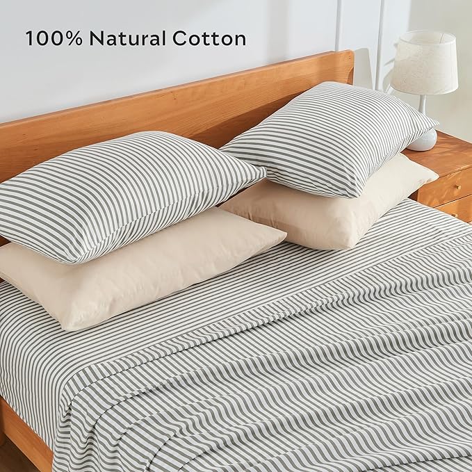 JELLYMONI 100% Natural Cotton Striped Queen Pillowcases Set, 2 Pack White and Grey Vertical Stripes Pattern Printed Pillow Covers with Envelope Closure(Pillows are not Included)