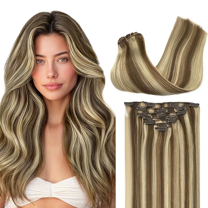 GOO GOO Clip in Hair Extensions Real Human Hair, Remy Human Hair Extensions Clip ins for Women, Natural Human Hair, 24 Inch 170g 7Pcs, 8A/22 Medium Brown Highlighted Golden Blonde
