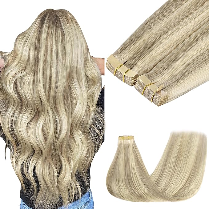 GOO GOO Tape in Hair Extensions Human Hair, 17A/60A Ash Blonde Highlighted Platinum Blonde, 22inch 100g 40pcs, Skin Weft Seamless Invisible, Silky Straight with Thick Ends, Remy Human Hair
