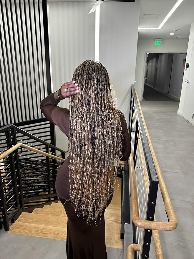 Human Hair Boho Curls Hand-Tied HD Full Lace Wig - 36" Salon-Level Small Box Synthetic Braids (100 Braids, High Density) Pre-Cut Swiss HD Lace, Pre-Plucked, Tangle-Free - 1B/27 Honey Blond