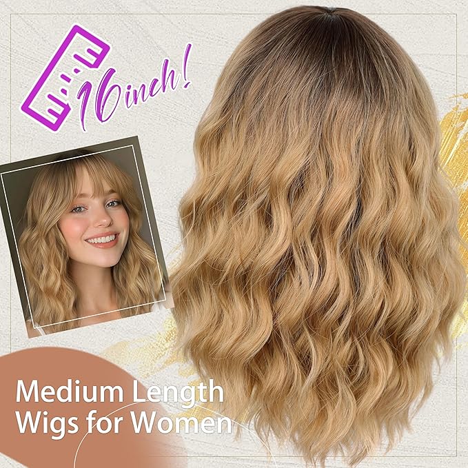 Nnzes Blonde with Light Brown Wig with Bangs for Women Shoulder Length Bob Wavy Charming Synthetic Wigs with Natural Curly Heat Resistant Hair