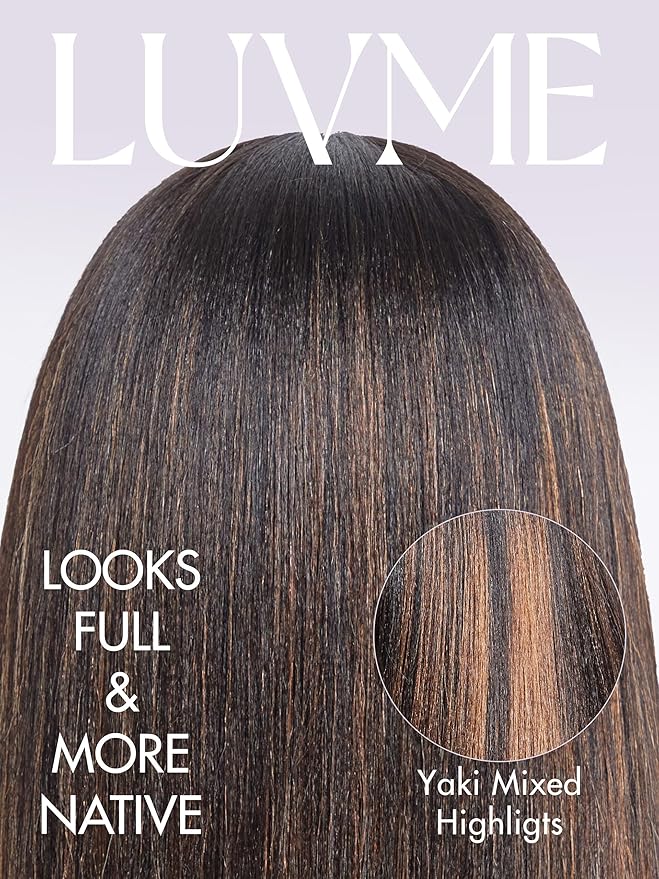 LUVME HAIR 14 Inch Yaki Straight Bob Wig with Bangs Human Hair Glueless HD Lace Bob Wig with Brown Highlights, Ready to Go Short Wigs For Women 180 Density Breathable Cap