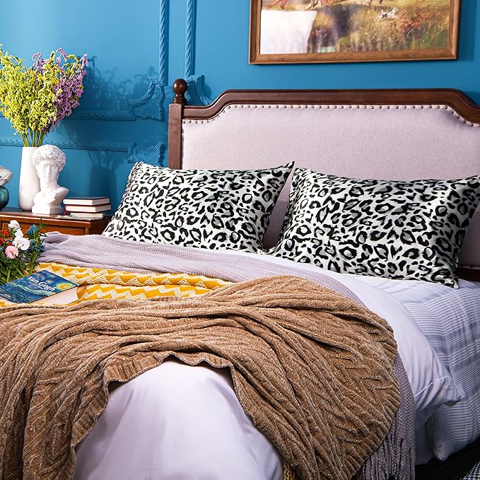 NTBAY 2 Pack Satin Standard Pillowcases for Hair and Skin, Luxurious and Silky Leopard Printed Pillow Cases with Envelope Closure, 20x26 Inches, Black and White