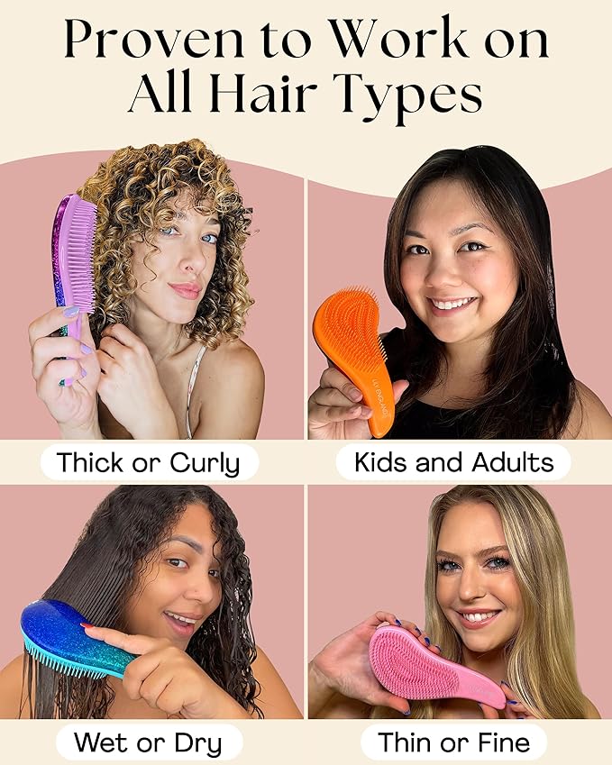 Lily England Detangling Comb & Hair Brush Set - Wide Tooth Comb for Curly, Straight, Thick, Fine & Wet Hair - Gentle & Pain-Free Detangler for Women & Kids - Lightweight Haircare Tools, Purple-Glitter