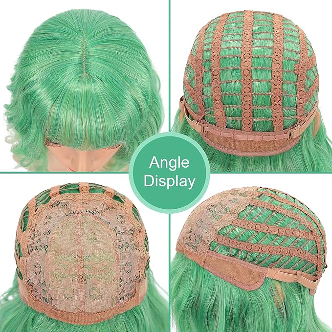FAELBATY Green Wig Short Bob Wigs With Air Bangs Shoulder Length Wig For Women Curly Wavy Synthetic Cosplay Wig for Girl Costume Wigs (12" green color)
