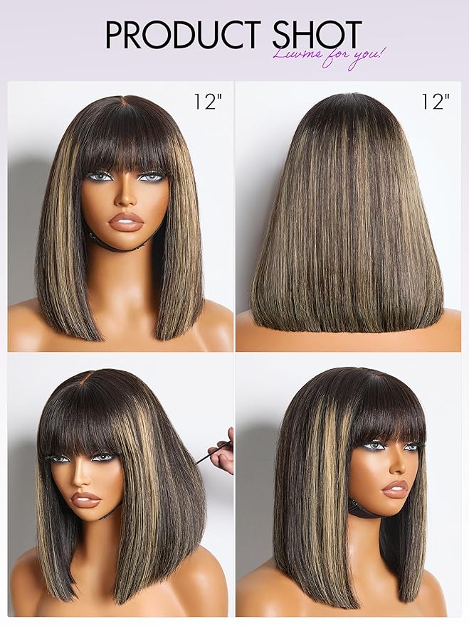 LUVME HAIR 12 Inch Blonde Highlight Bob Human Hair Wig with Bangs Glueless HD Lace Bang Wig True Scalp Ready to Go Silky Straight Highlight Human Hair Short Wig with Bangs (Breathable Cap)