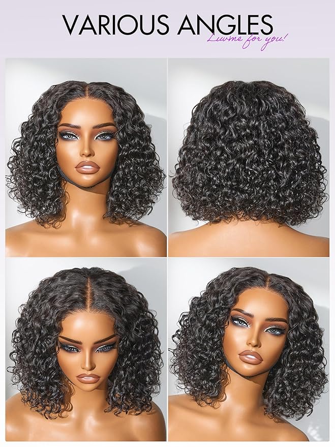 LUVME HAIR 5X5 Deep Curly 10 Inches100% Human Hair Wigs Curly Deep Wave Glueless Lace Front 10 Inches, Pre Cut Plucked Hd Lace Short Wig Ready To Go Natural Color Straight Bleached Knots Black Wigs